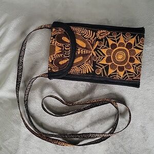 Colca Canyon Peruvian Handbag  Embroidered Floral Black-Orange-Brown 7x4.5